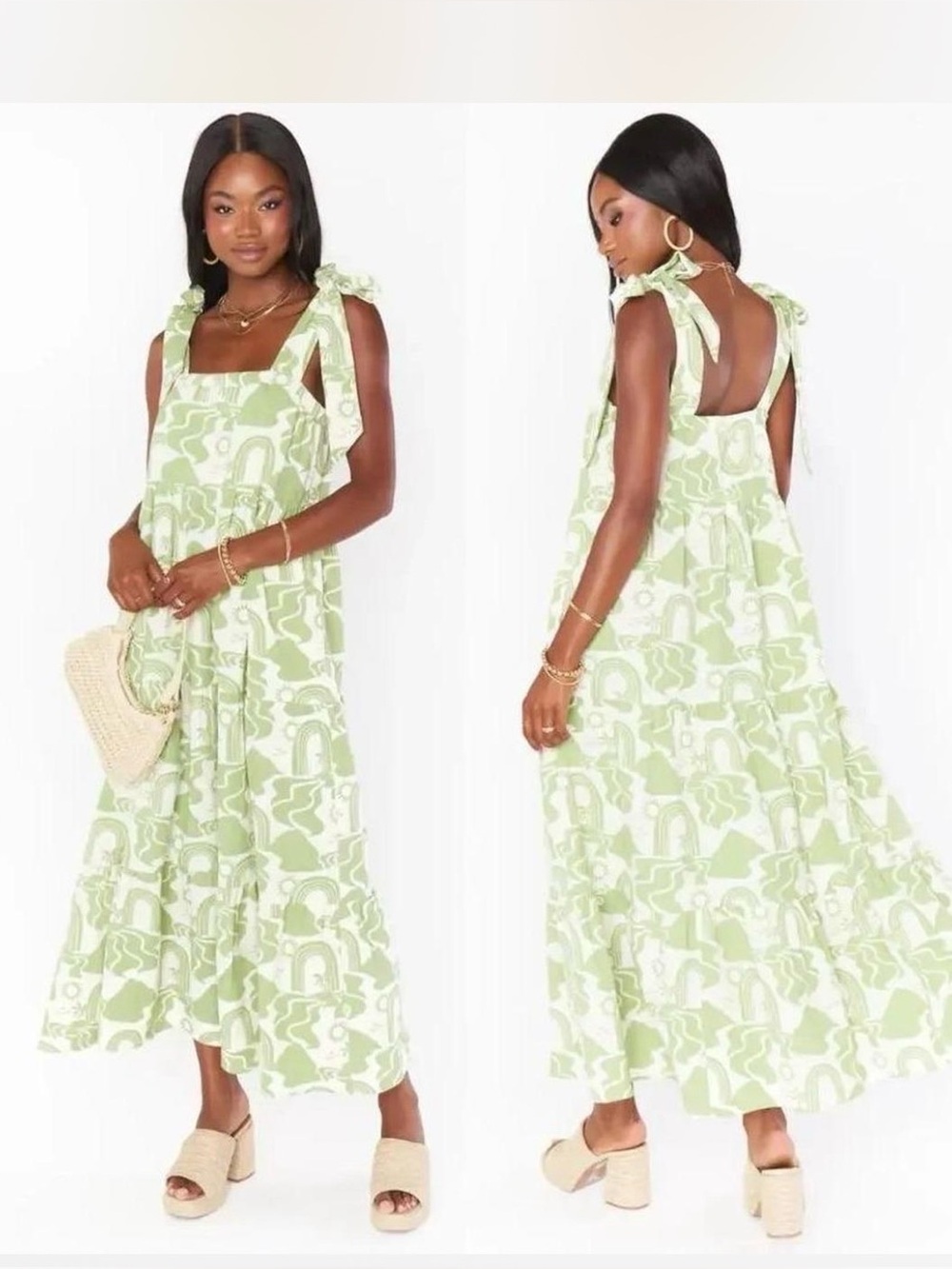 Show Me Your MuMu Light Green Patterned Tie-Shoulder Maxi Dress